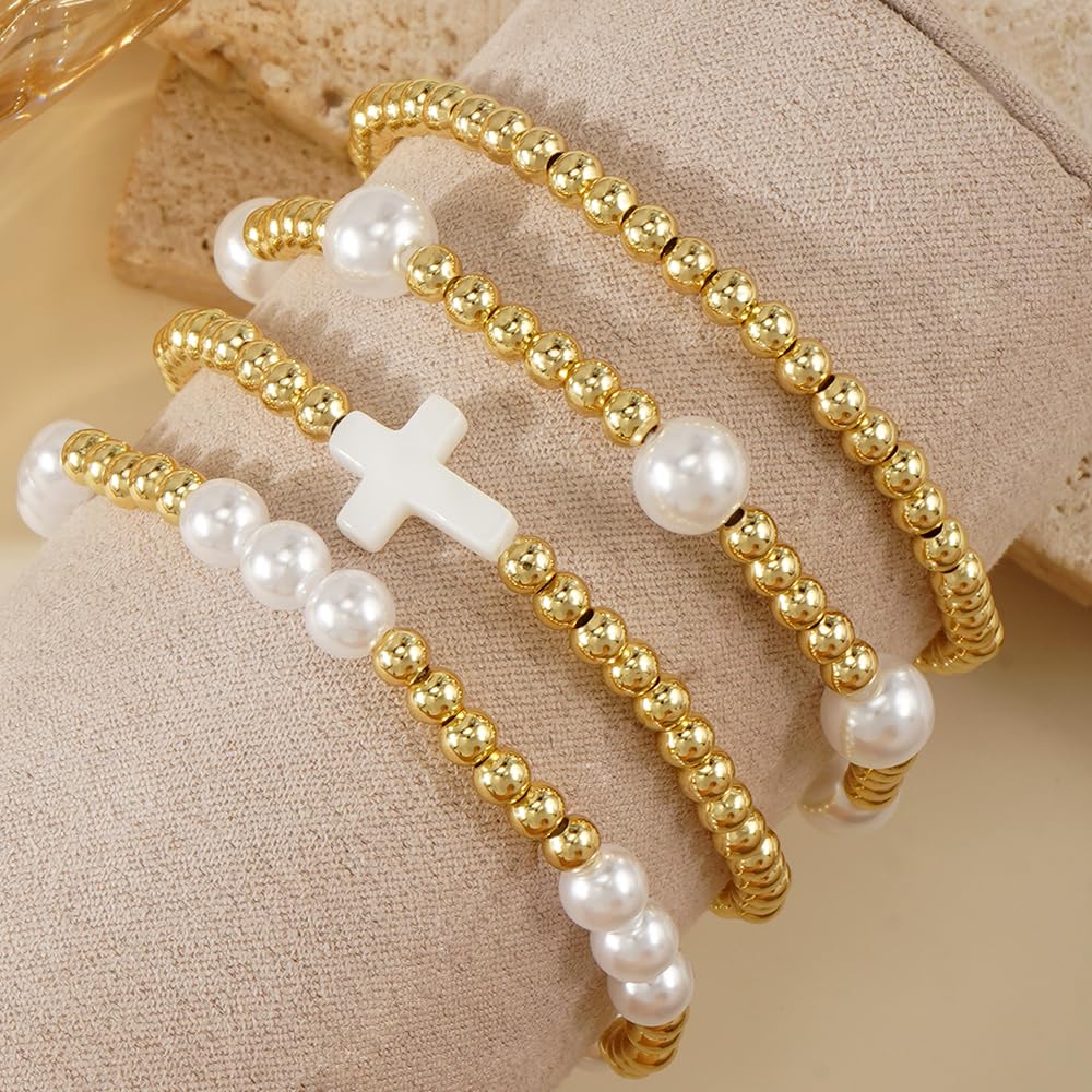 Bohxantium Stackable Gold Beaded Bracelets for Women - Stretch 14K Gold Beads Boho Pearl Cross Bracelet Stack Non Tarnish Trendy Jewelry Set Friendship Christian Gift for Women