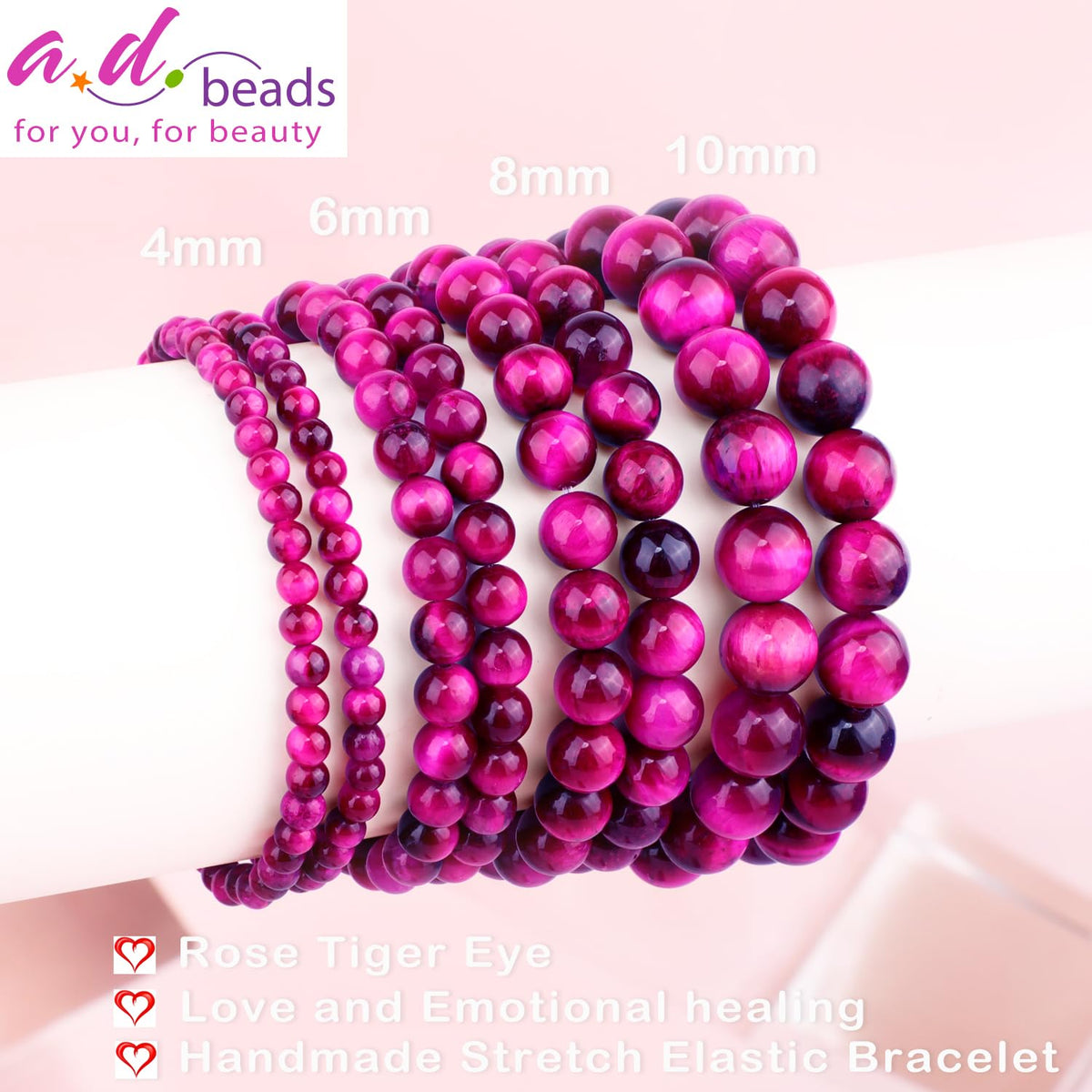 AD Beads 8mm Handmade Rose Tiger Eye Elastic Bracelet – Natural Gemstone for Love,emotional healing. – Meditation, Yoga, Healing and Energy Gift for Men Women
