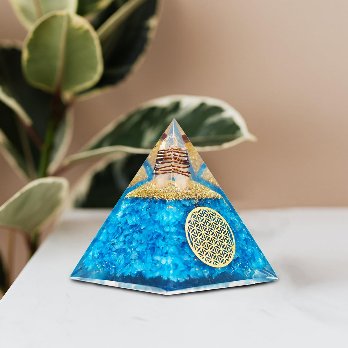 Real Crystal Aquamarine Orgonite Pyramid, Healing Crystal Pyramid, Pyramid Crystal Gemstone Pyramid for Meditation, Motivation, Positivity - Handmade in India