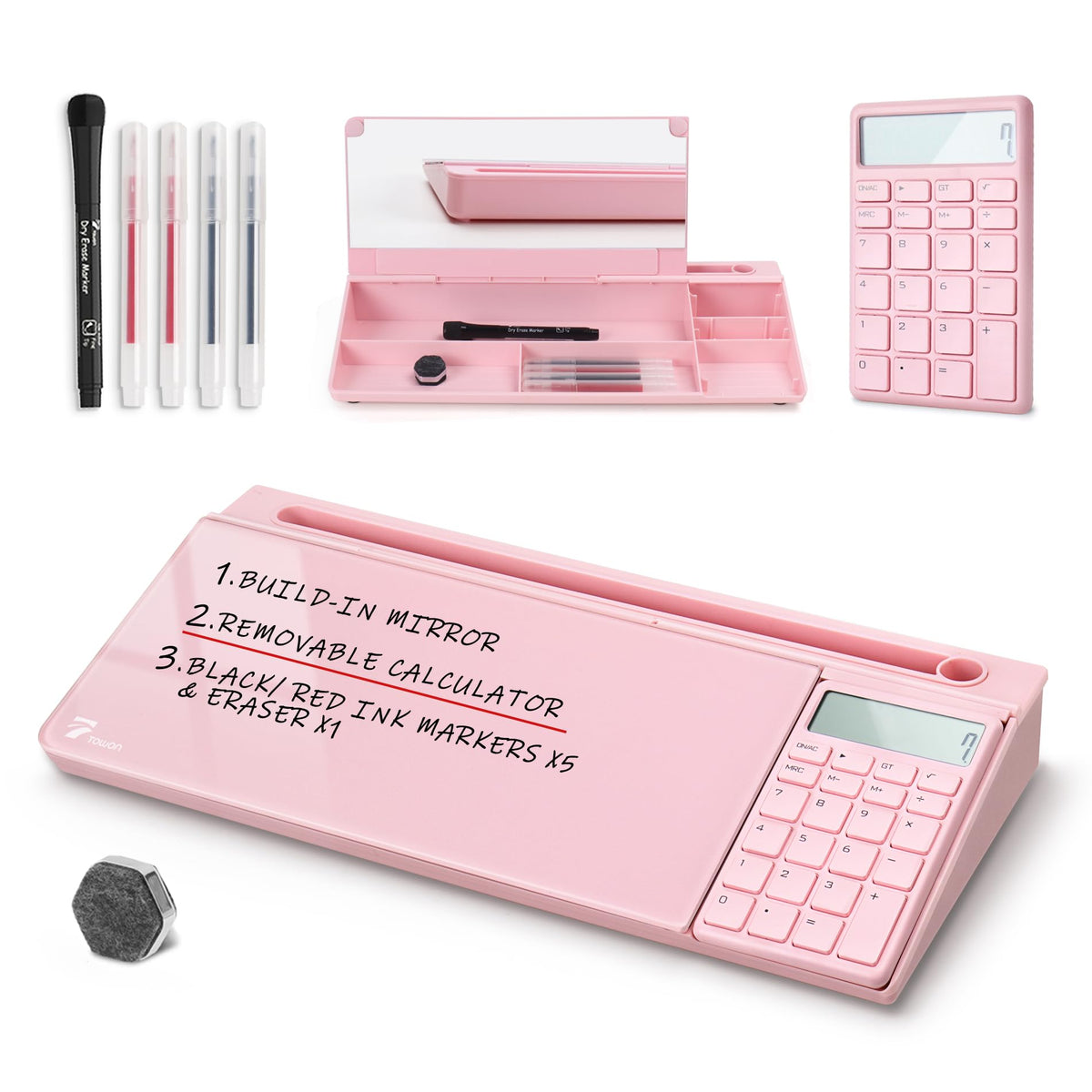 TOWON Desk Dry Erase Board with Detachable Calculator, Small Glass Desktop Whiteboard, Desktop whiteboard - Glass Dry Erase White Board- Desk Computer Buddy for Home Office Supply, Pink, 17 x 6 in