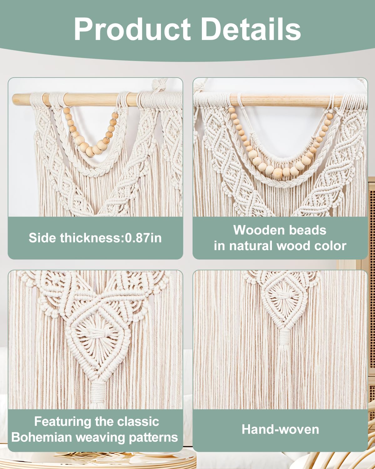 Gliterra Large Macrame Wall Hanging Handmade Boho Tapestry 43"x32" - Wall Art Decor for Living Room, Bedroom, Wedding (beige)