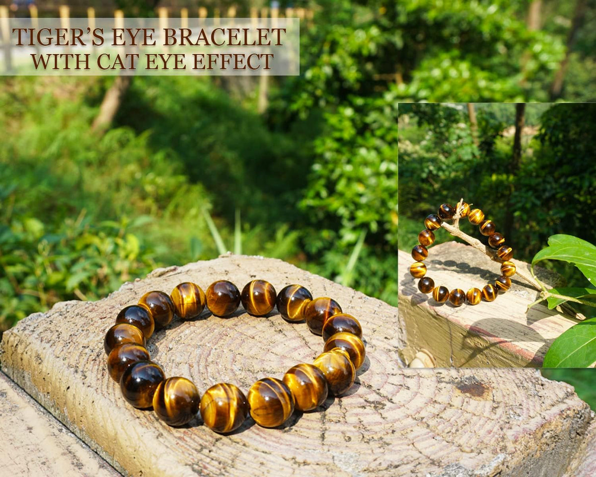 12MM Tiger Eye Bracelet Men | Natural Golden Yellow Cats Eye | Handmade Stretch Jewelry for about 8 inch Wrist Size | Bring Luck Fortune Courage Confidence | Chakra Gemstones Spritual choice for Men