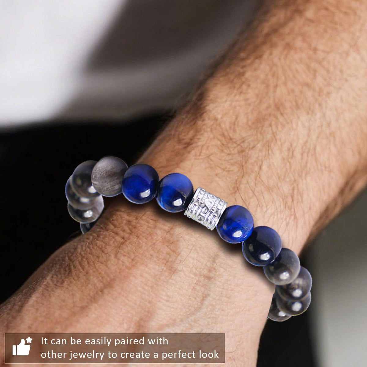 Tiger Eye Obsidian Beaded Bracelets For Men Gemstone Bracelets For Men &Women Fashion Natural Stone Men‘s Jewelry (black silver& blue)