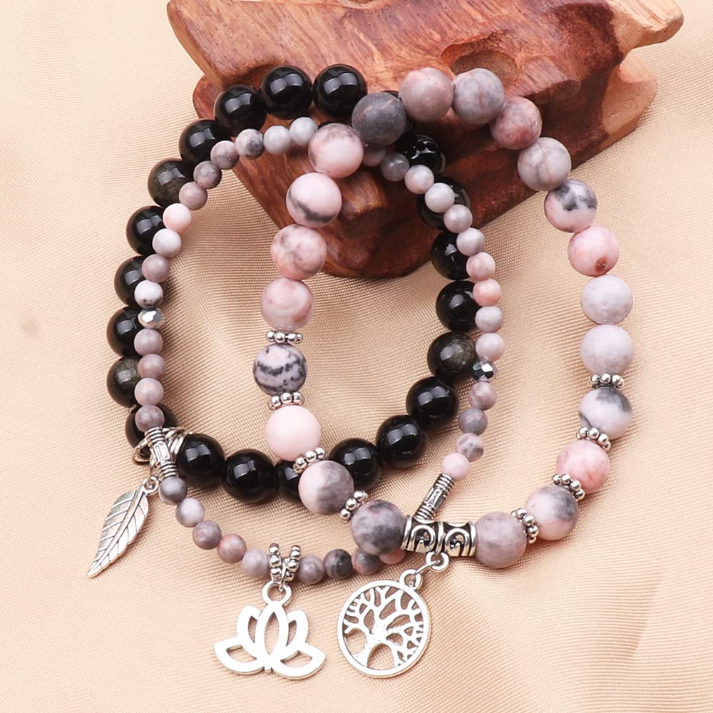 UEUC Tree of Life Yoga Healing Stone Bracelets, Multilayer Lotus Chakra Stone Reiki Bracelet Sets, Anxiety Crystal Natural Stone,for Women Stress Relief(#131)
