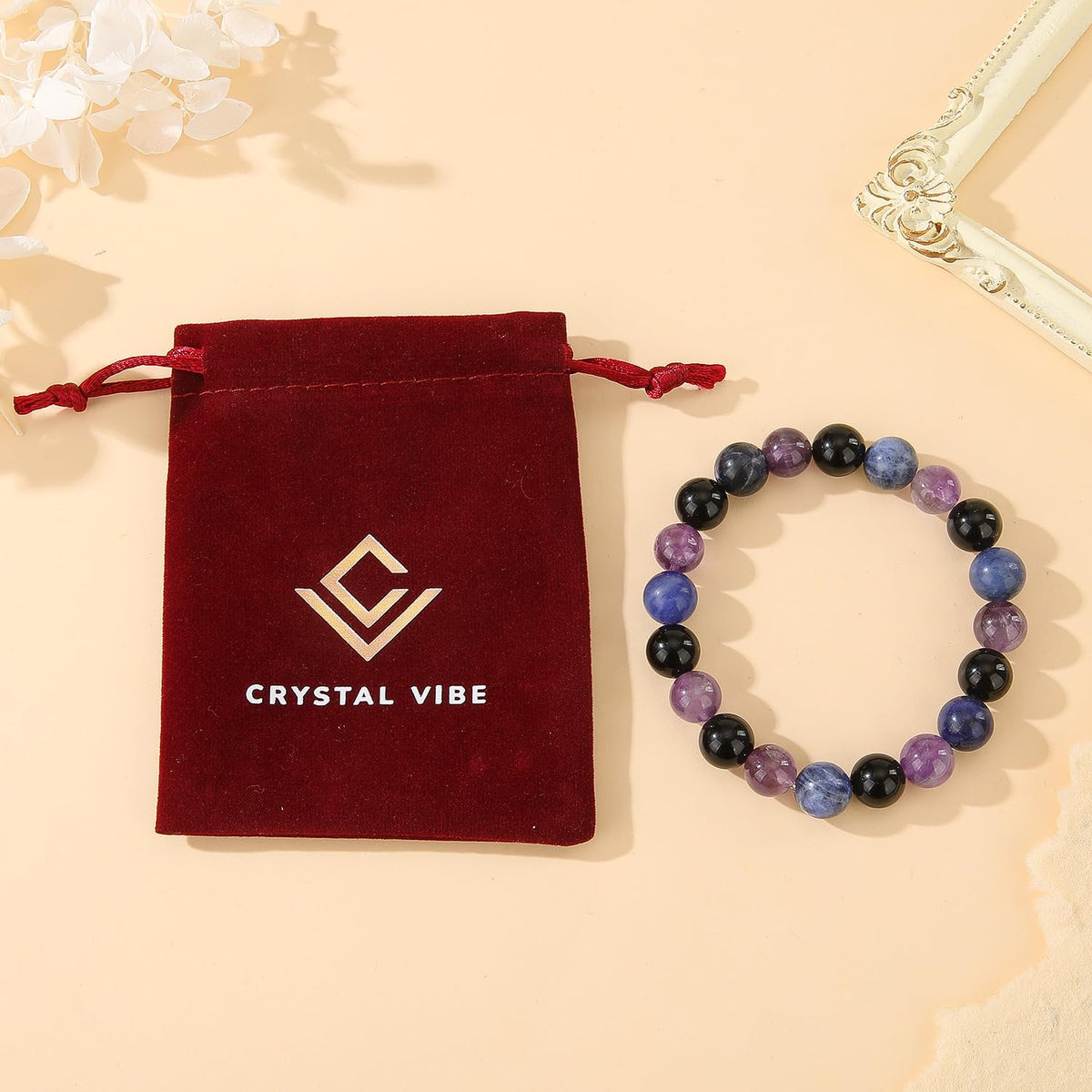 Crystal Vibe Empowerment Strength Confidence Bracelet – Amethyst, Black Obsidian & Sodalite Crystal - 10mm Beaded Bracelets For Men Women – Adjustable Size