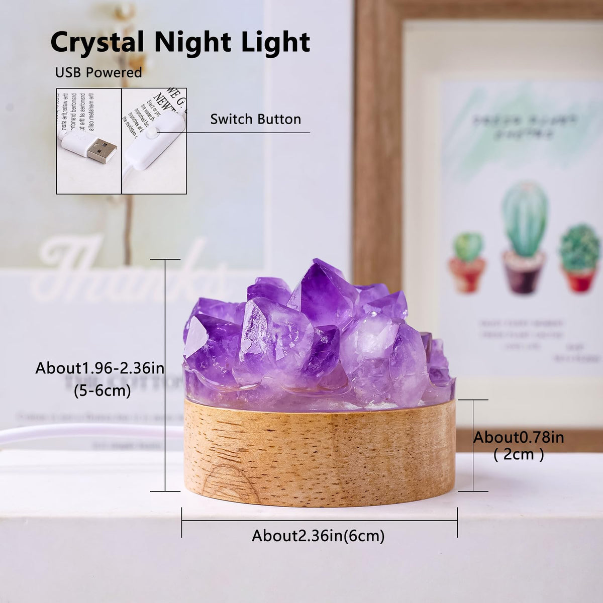 Runyangshi Natural Amethyst Crystal Night Lamp Bedroom Bedside Sleep Night Light Healing Crystal Gemstone Quartz Light Ambient Light USB Powered Night Decorations Desktop Ornament for Home Decor Gift