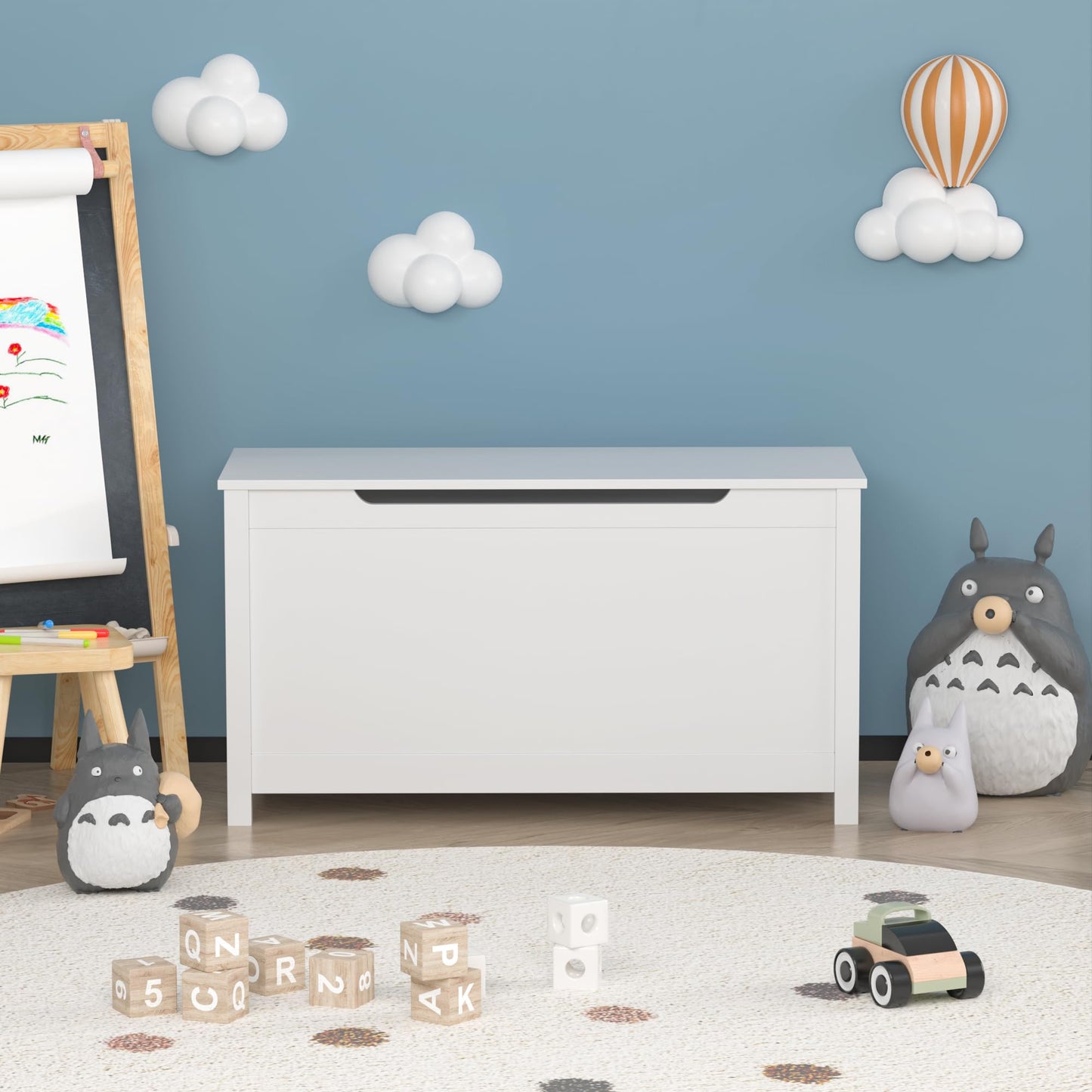 AOPNOMU Toy Box Storage Chest for Children, Kids Wooden Storage Organizer with Safety Hinged Lid Entryway Storage Bench Supports 210 lb Large Toys Storage Bin for Ages 3+, White