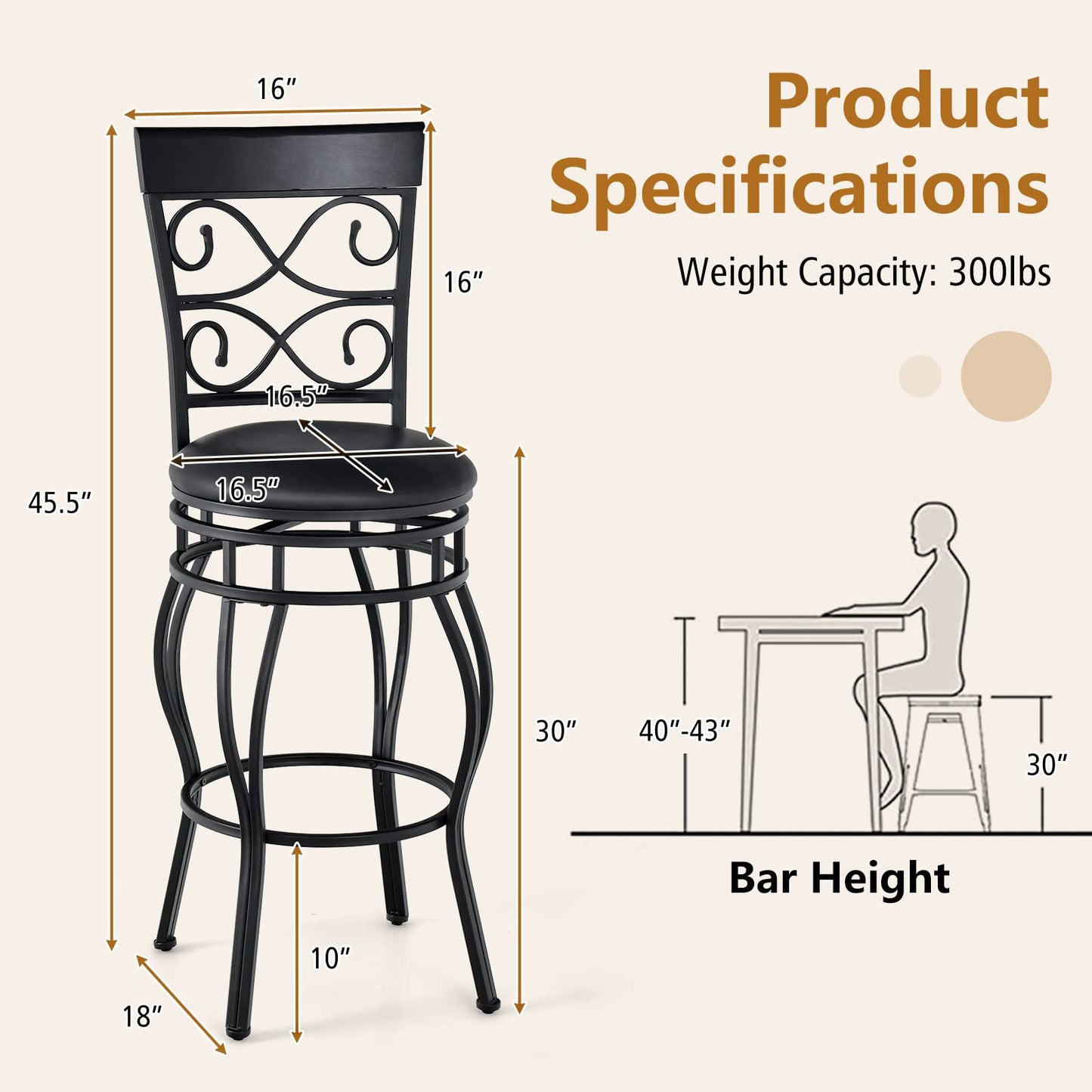 COSTWAY Bar Stools Set of 4, 360 Degree Swivel, 30" Bar Height Bar stools, with Leather Padded Seat Bistro Metal Vintage Chairs with Back for Kitchen Island, Pub (Set of 4)