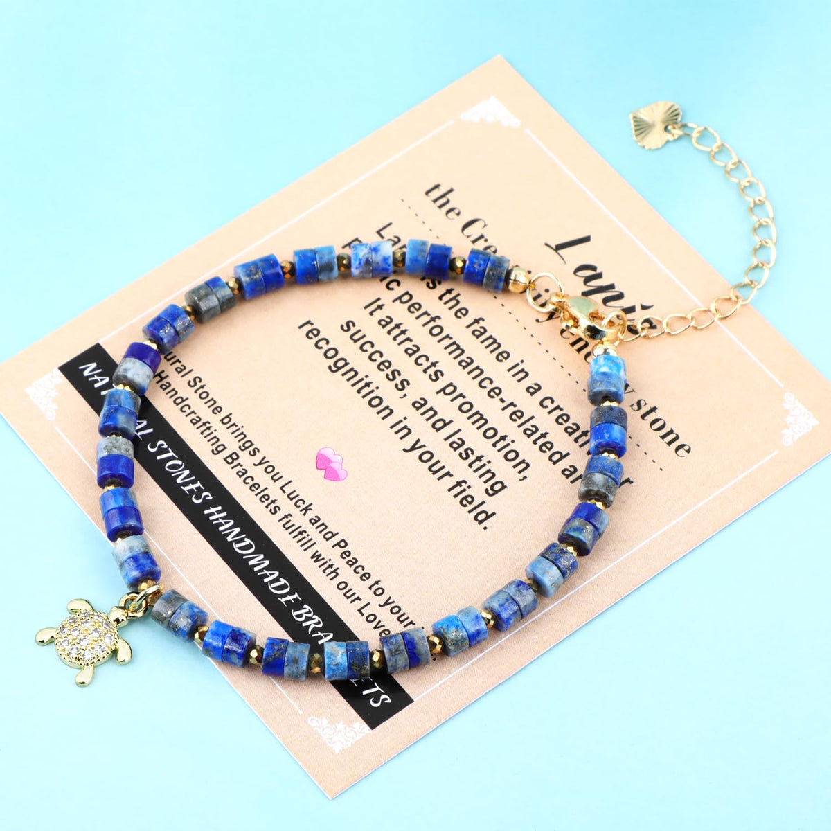 Natural Gemstone Healing Crystal Lapis Dainty Charms Turtle Bracelet Adjustable Chain Extender Minimalist Jewelry