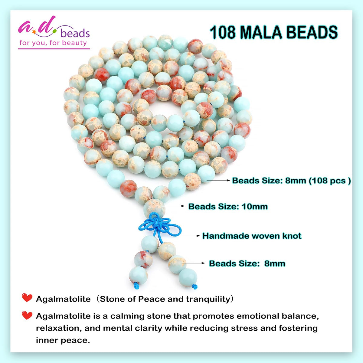 AD Beads 8mm 108 Prayer Mala Agalmatolite Elastic Bracelet - Peace and Tranquility - Handmade Yoga Meditation Healing Power Energy Gifts for Unisex Adult.