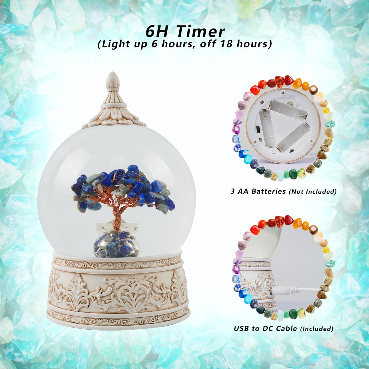 Lapis Lazuli Healing Crystal Tree Globe with Colorful Lights Sparkling Glitter, Natural Gemstone Base, Spiritual Meditation, Positive Energy Good Luck, Home Decor, Birthday Gifts (Lapis Lazuli)