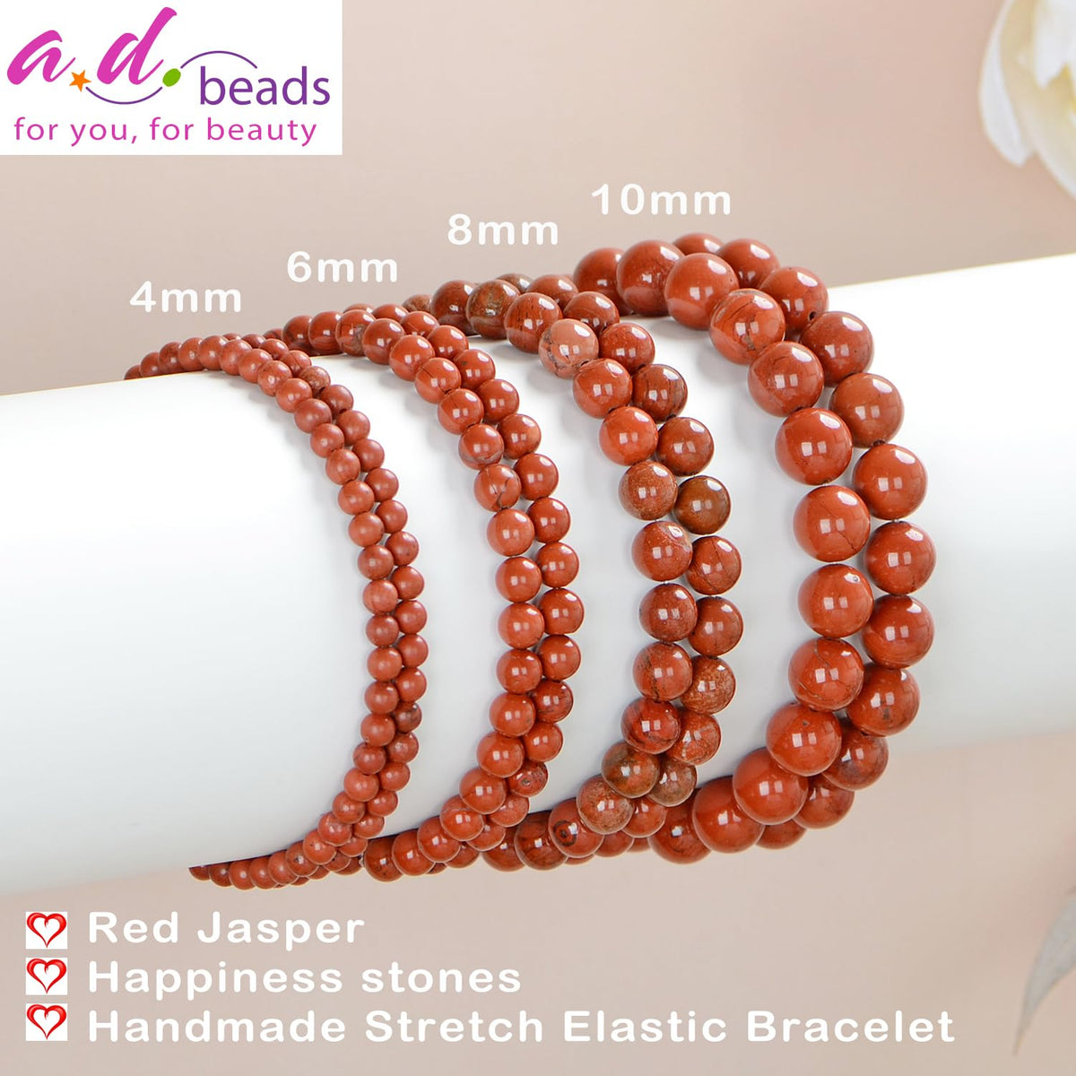 AD Beads Handmade Gemstone Stretch Elastic Bracelet Crystal Healing Reiki Nature's Beauty and Spiritual Essence Unisex (6mm, Red Jasper)