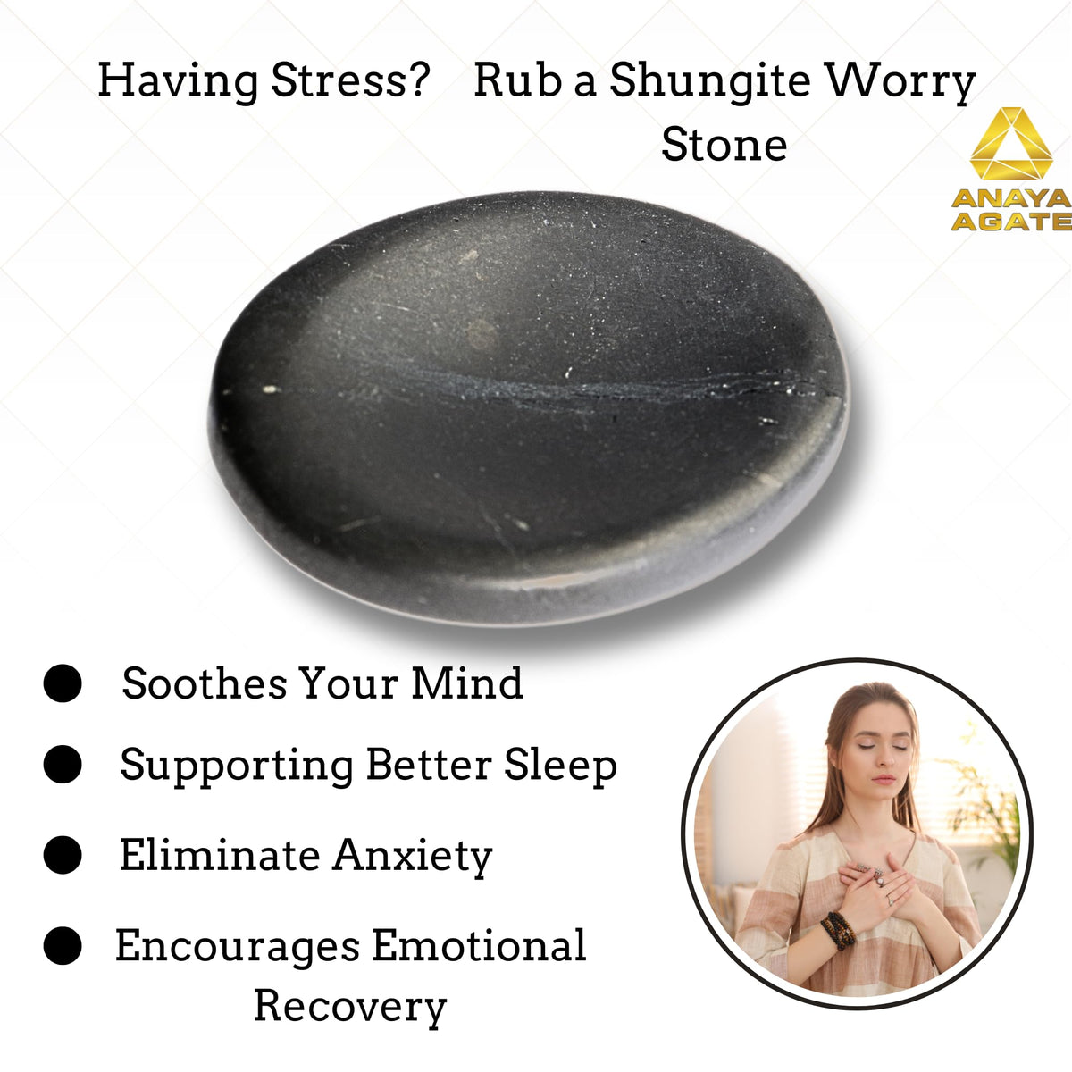 Anaya Agate Shungite Worry Stones Certified Crystal Thumb Worry Stone for Anguish, Relaxing and Soothing Balance Stones for Meditation, Stress Relief Crystals and Healing Stones for Men Women