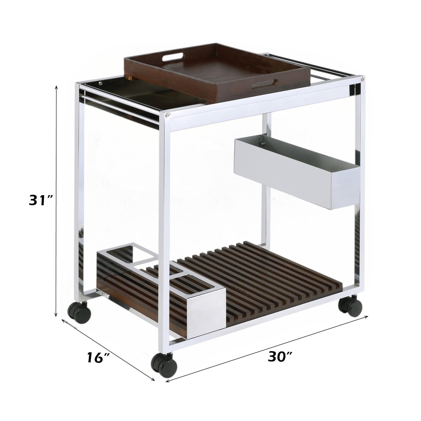 roomfitters Lisses Chrome and Walnut Serving Cart, Contemporary Luxury electroplated Electroplated Bar Trolley with Removable Serving Tray and Stemware Shelf