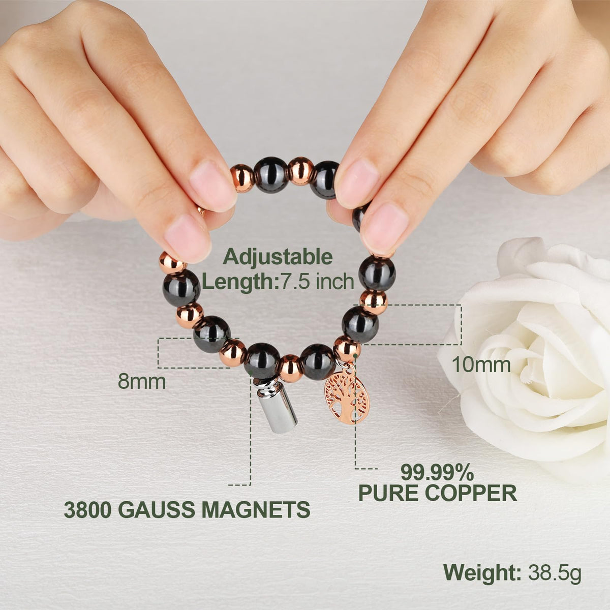 Fashtour Copper Beads Bracelet for Women and Men, Adjustable 99.99% Pure Copper Beads with 10mm Hematite Stones, Magnetic Beaded Jewelry Gift with Tree of Life Charm (10mm)