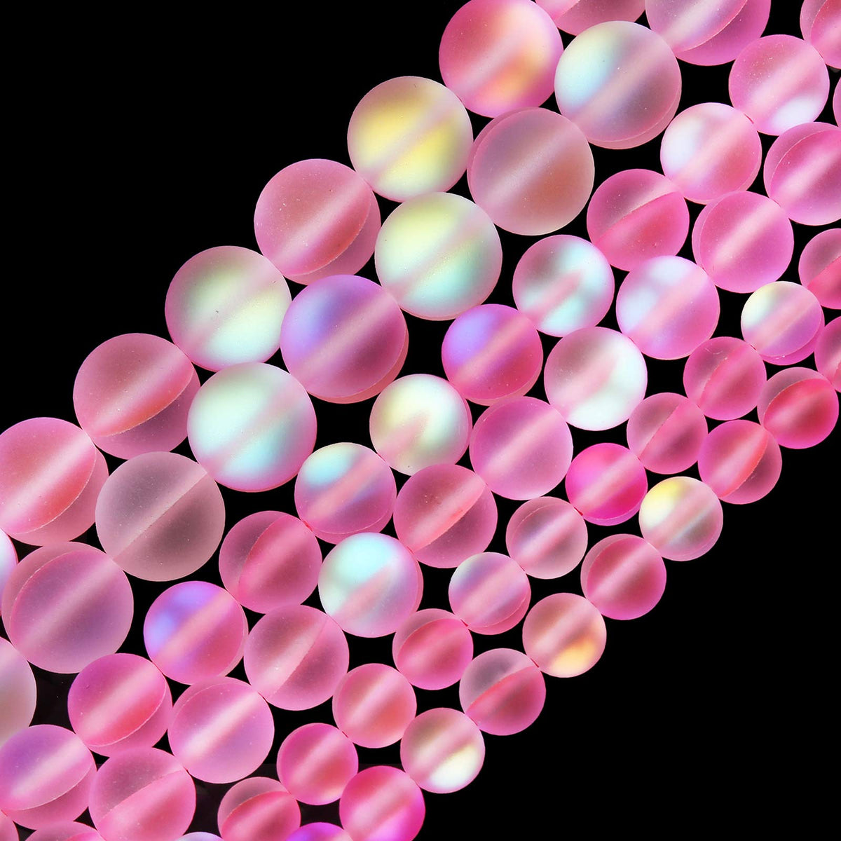 Matte Pink Aurora Crystal Glass Beads, 6MM Frosted Glitter Shining Mermaid Round Loose Beads, Rainbow Holographic Synthetic Moonstone for Jewelry Making DIY Bracelet