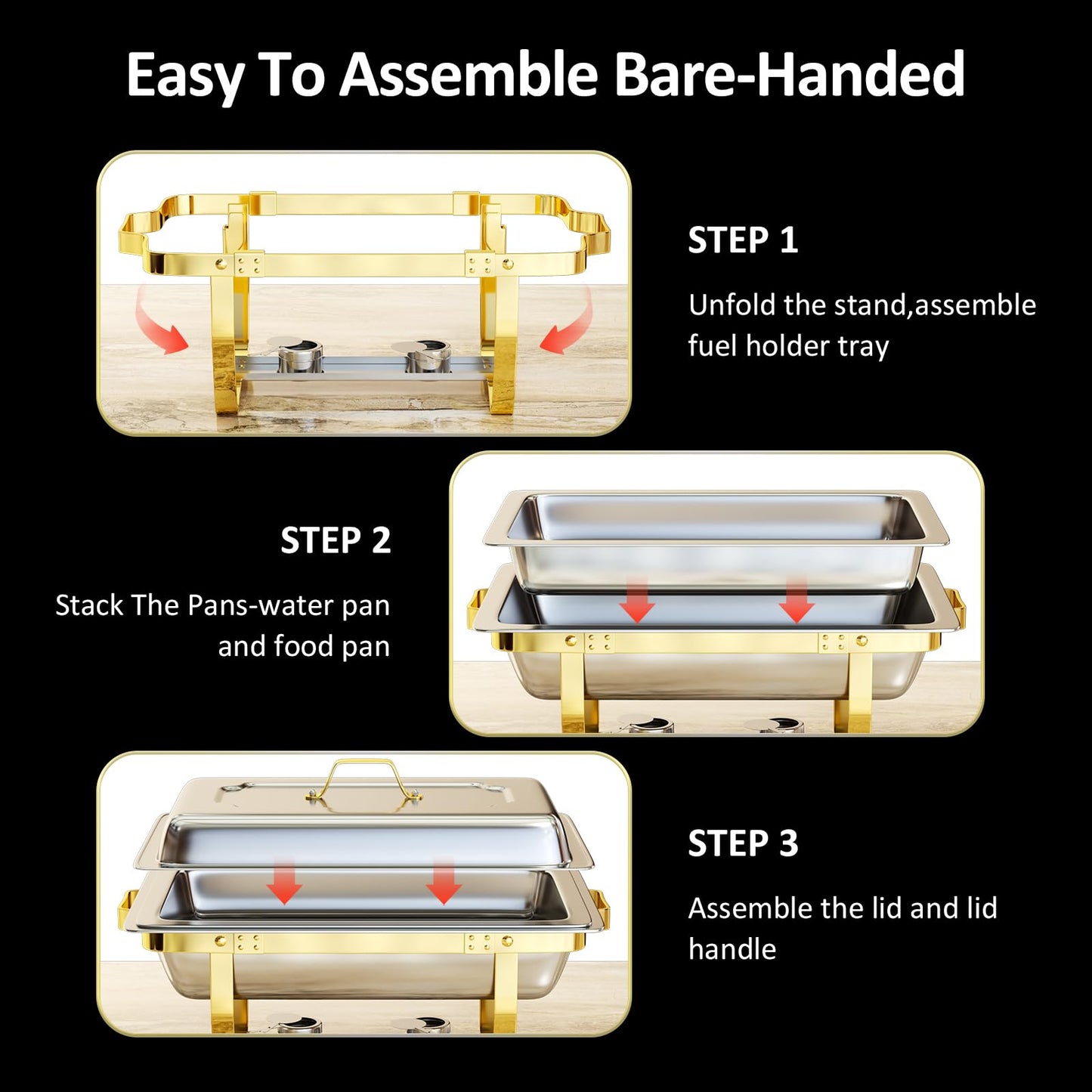 Chafing Dishes for Buffet 6 Pack, 9QT [Elegant Gold and Silver Colors] Stainless Steel Chafing Dish Buffet Set [Sturdy and High Grade] Chafers and Buffet Warmers Sets for Any Party with Complete Set