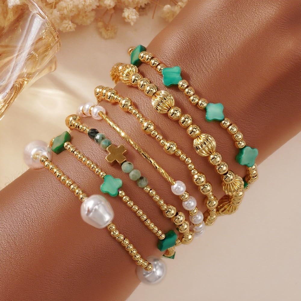 SHINUS BOHO St Patricks Day Bracelets for Women,Gold Bracelet Stack,Bohemian Green Clover Elastic Pearl Stackable Stretch Bracelet Set Fashion Festival Theme Party Saint Patricks Day Accessories Outfits Jewelry Gifts