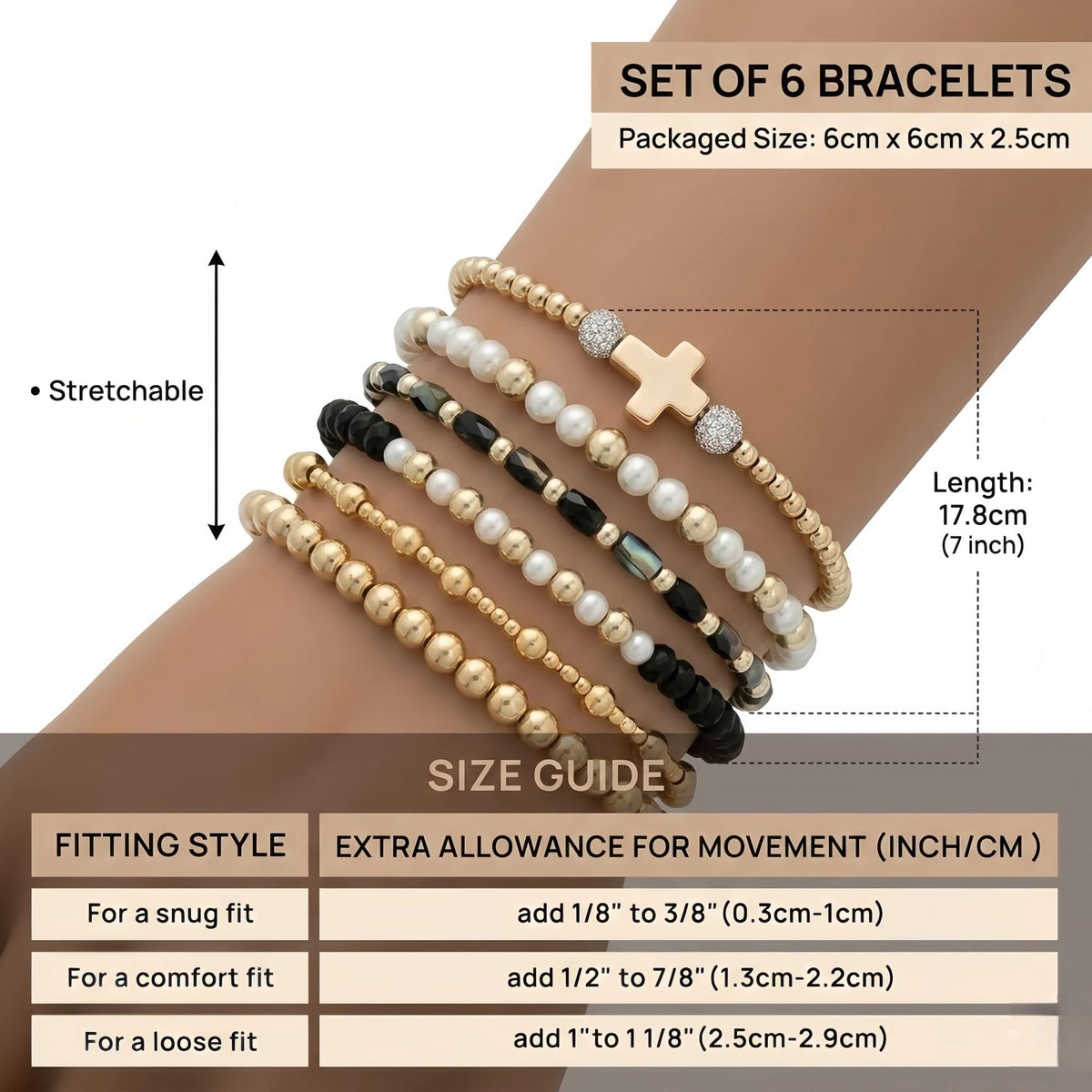 NoctisNest 6 Pcs Layered Cross Bracelet for Women, Black Gold Stackable Pearl Beaded Bracelets for Her Mom Girlfriend, Dainty 14K Gold Plated Bracelet Set for Mothers Day Gifts