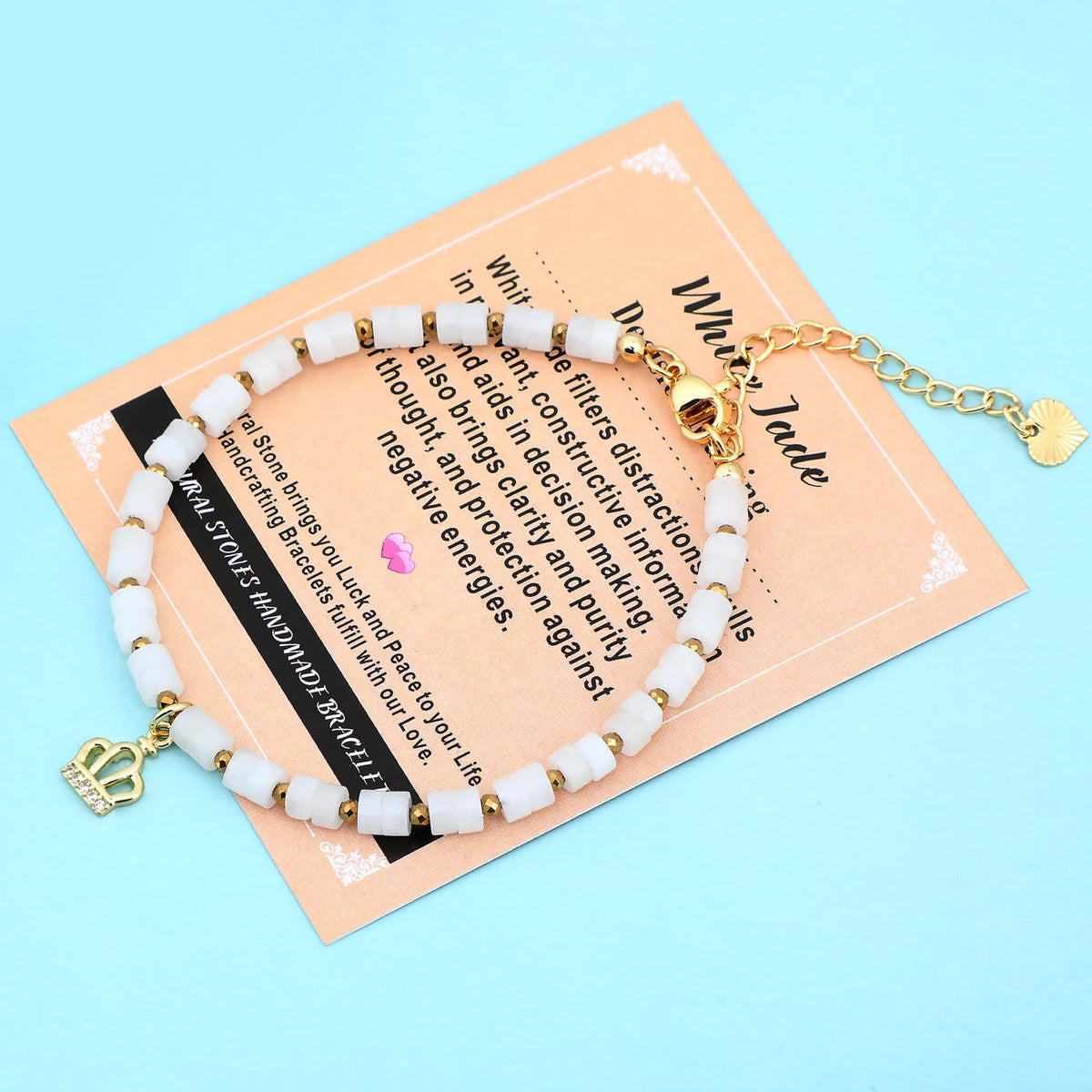 Natural Gemstone Healing Crystal White Jade Dainty Charms Crown Bracelet Adjustable Chain Extender Minimalist Jewelry
