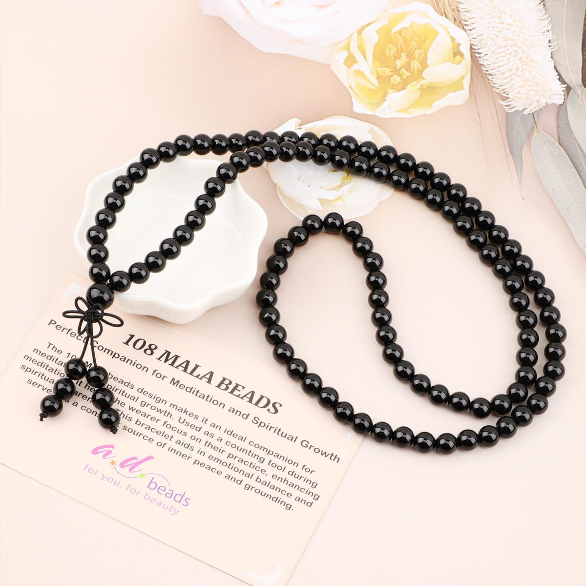 AD Beads 8mm 108 Prayer Mala Onyx Elastic Bracelet - Positive Energy Generator - Handmade Yoga Meditation Healing Power Energy Gifts for Unisex Adult.