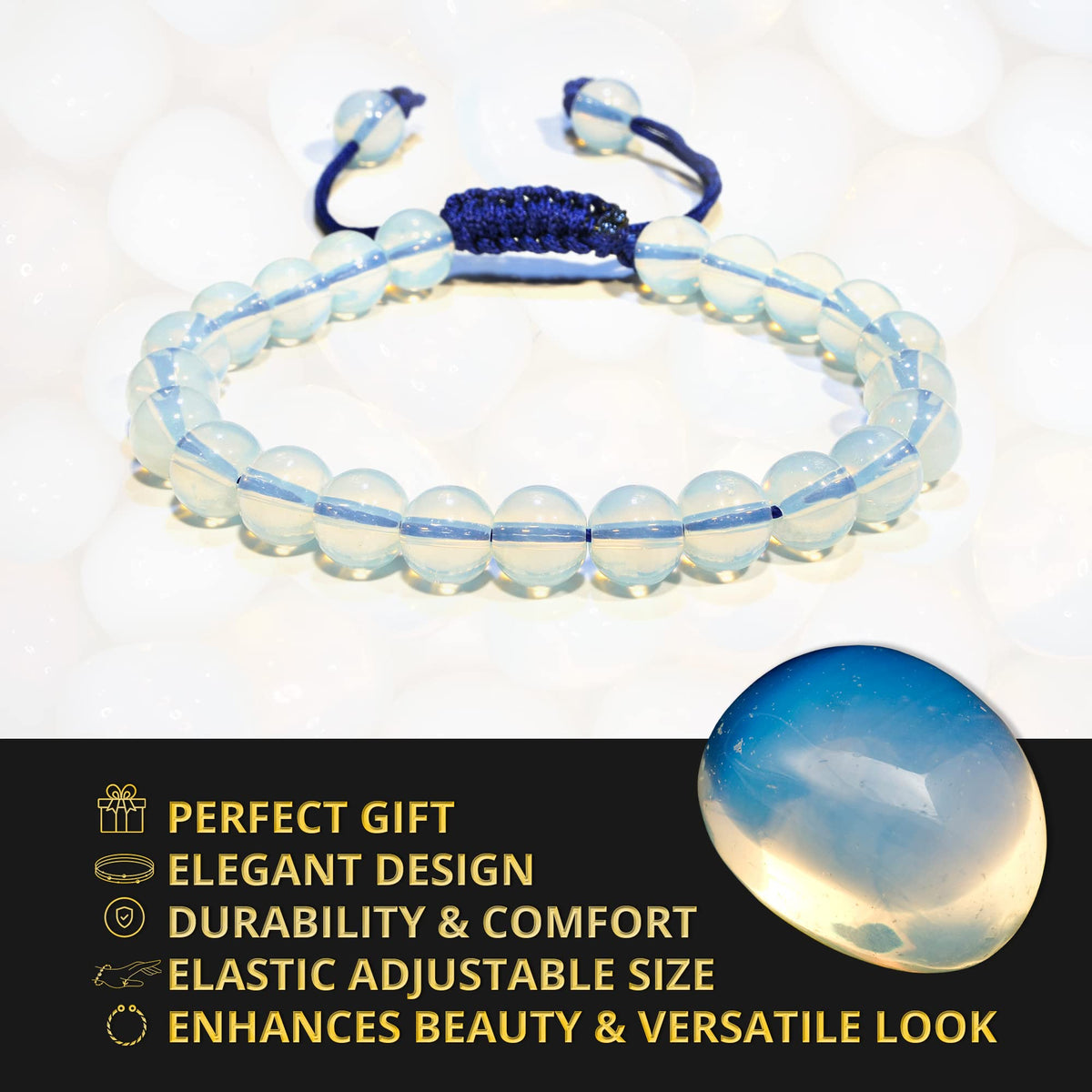 ANAYA AGATE Healing Crystal Bracelet – Chic Gemstone Bracelet for Men and Women – 8mm Round Bead Bracelets for Spiritual Healing, Protection, Positive Energy - Opalite