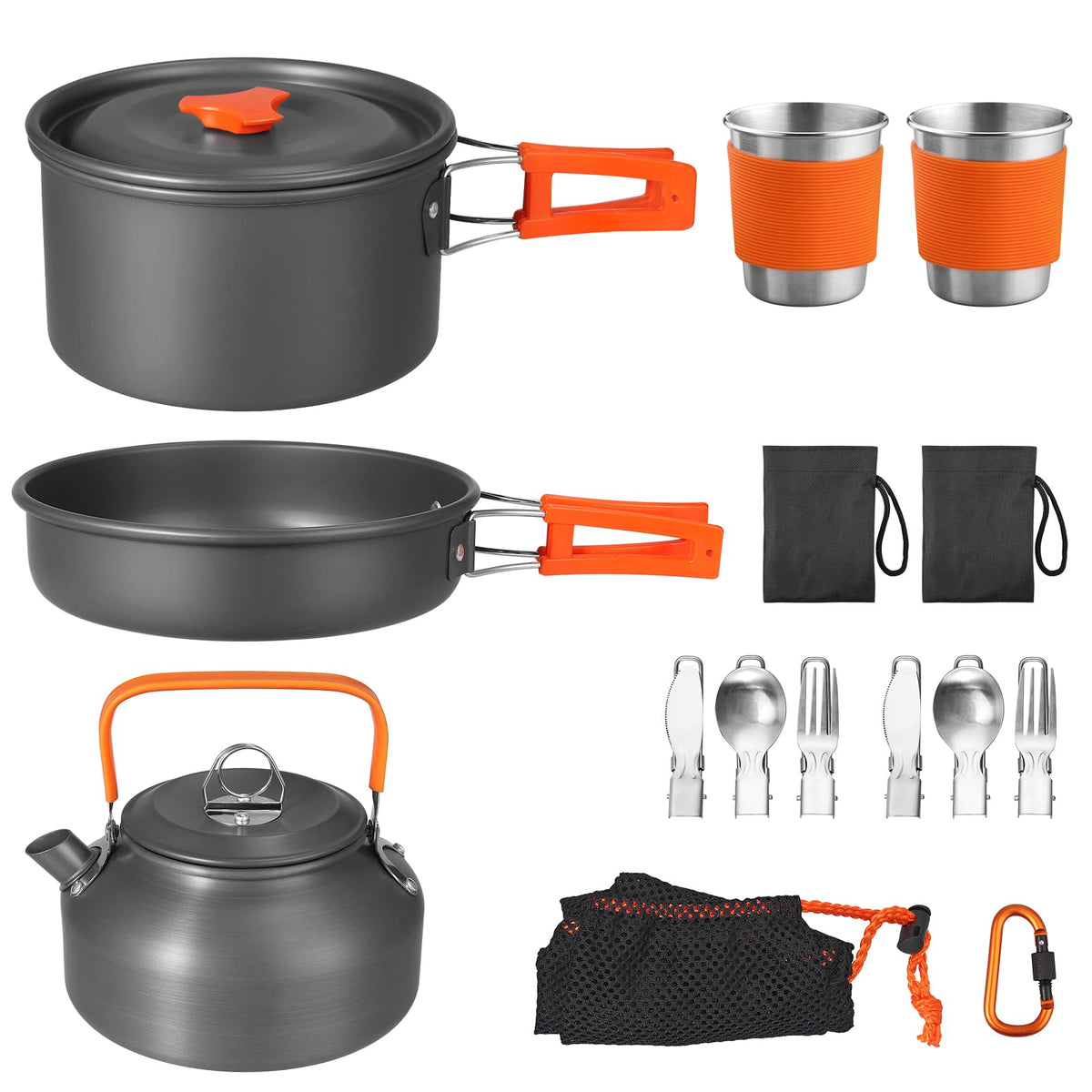 FUNYKICH 17PCS Camping Cooking Set, Non-Stick Lightweight Camping Pots and Pans Set with Kettle, Stainless Steel Cups, Foldable Forks Knives Spoons for Camping, Backpacking, Outdoor Cooking & Picnic