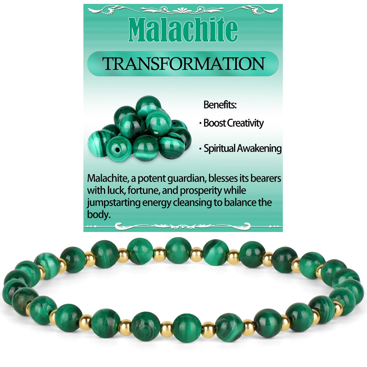 QOGIR Malachite - Transformation - 14K Gold Plated Beads Natural Gemstone Stretch Elastic Dainty Healing Beaded Bracelets Gifts 4mm
