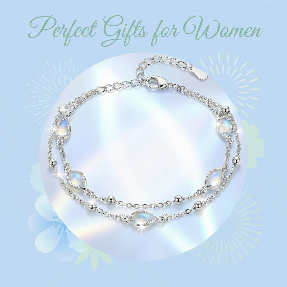 ZADIUA Moonstone Bracelet 925 Sterling Silver Adjustable Moonstone Double Layered Chain Bracelet Jewelry Gifts for Women