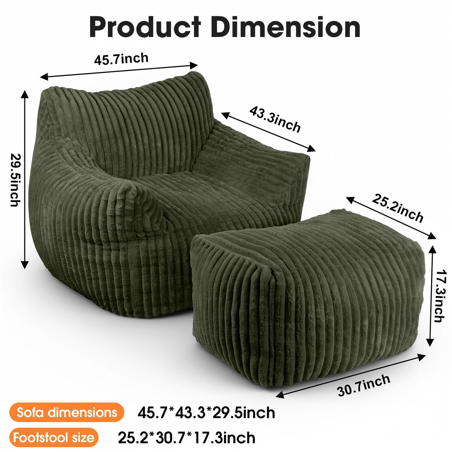HarborHue Giant Bean Bag Chair with Ottoman, Oversized Memory Foam Bean Bag Sofa for Adults and Kids, Large Comfy Fluffy Single Lounges Mini Couch for Living Room, Bedroom & Dorm(Green)