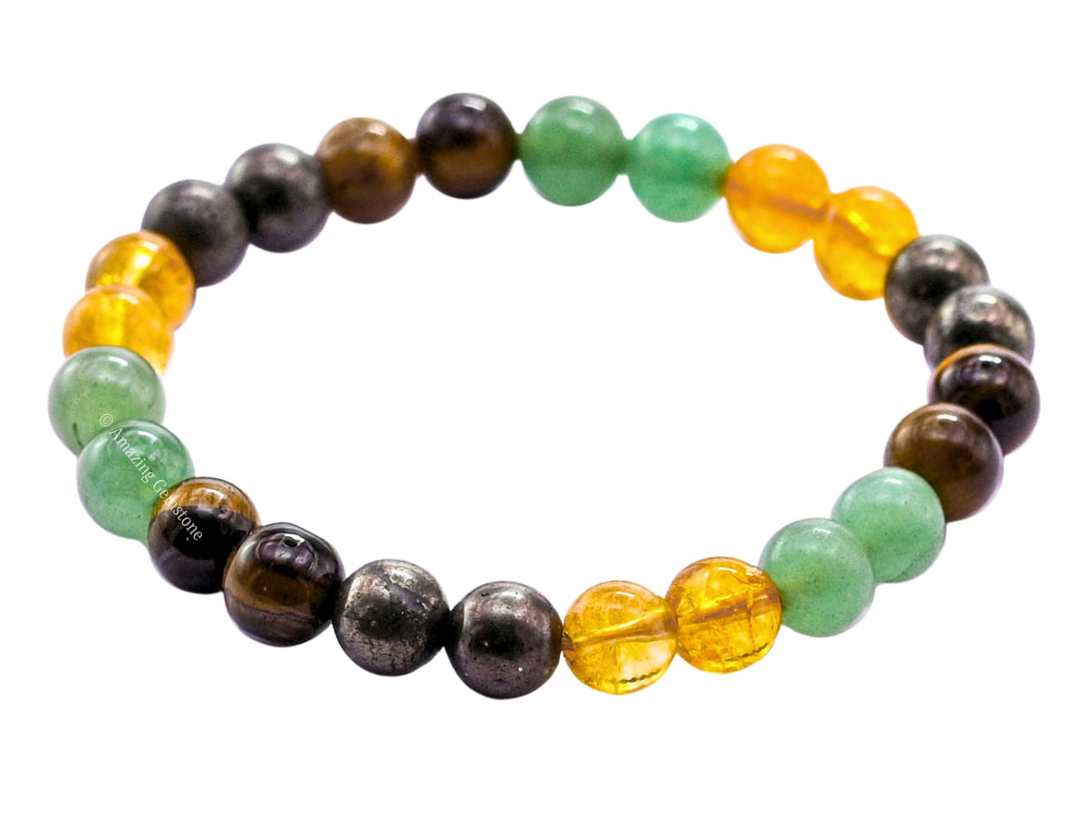 Amazing Gemstone Money Success Pyrite Bracelet - Citrine Quartz, Green Aventurine, Tiger Eye Protection Healing Crystal Bracelet - Gemstone Beaded Stretchable Bracelet Pulseras Para Hombres Mujer