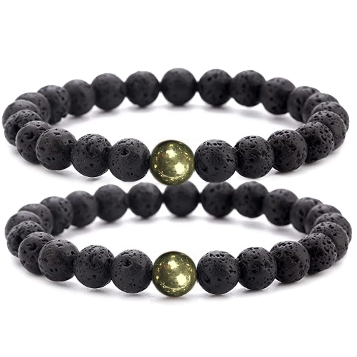 WFJ Black Lava Rock Pyrite Beads Natural Stone Bracelets Set of 2 Healing Crystal Energy Activation Chakra Reiki Elastic Stretcht Diffuser Yoga 8mm