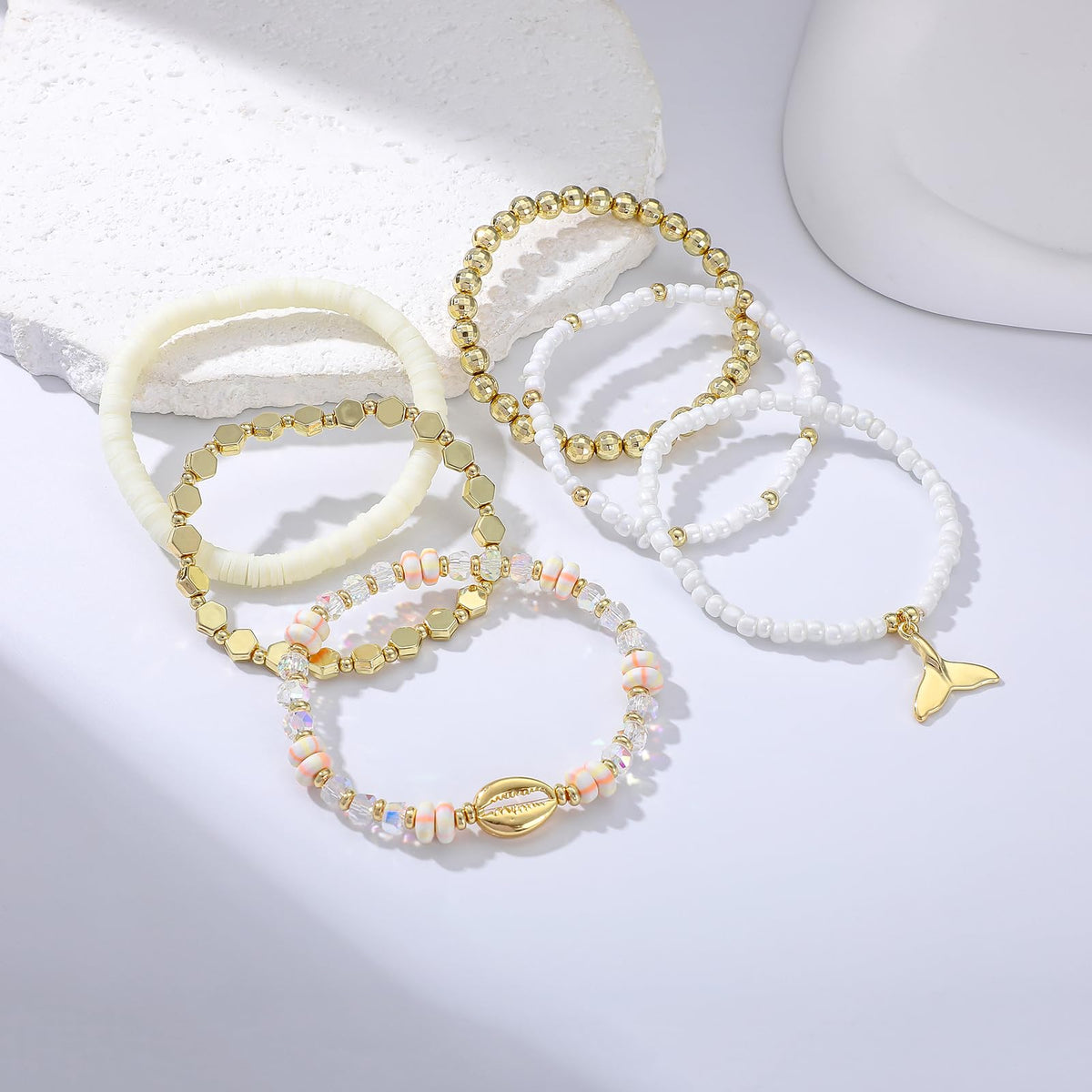 RISHEGAE Heishi Beaded Stretch Bracelets for Women Stackable Gold Polymer Clay Beads Bracelets Friendship Boho Summer Beach Bracelet Jewelry Set (E-Summer 6pcs)