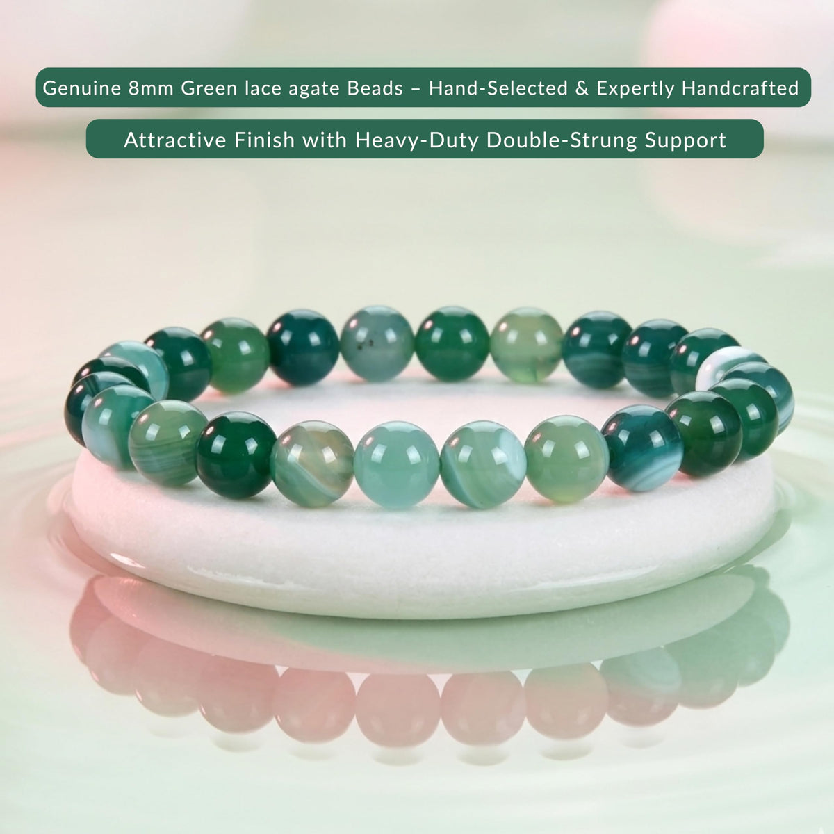 Cherry Tree Collection Lace Agate Green Beaded Bracelet – Genuine 8mm Gemstone Stretch Bracelet for Men & Women – Handmade Crystal Bracelet - (Lace Agate Green - M)