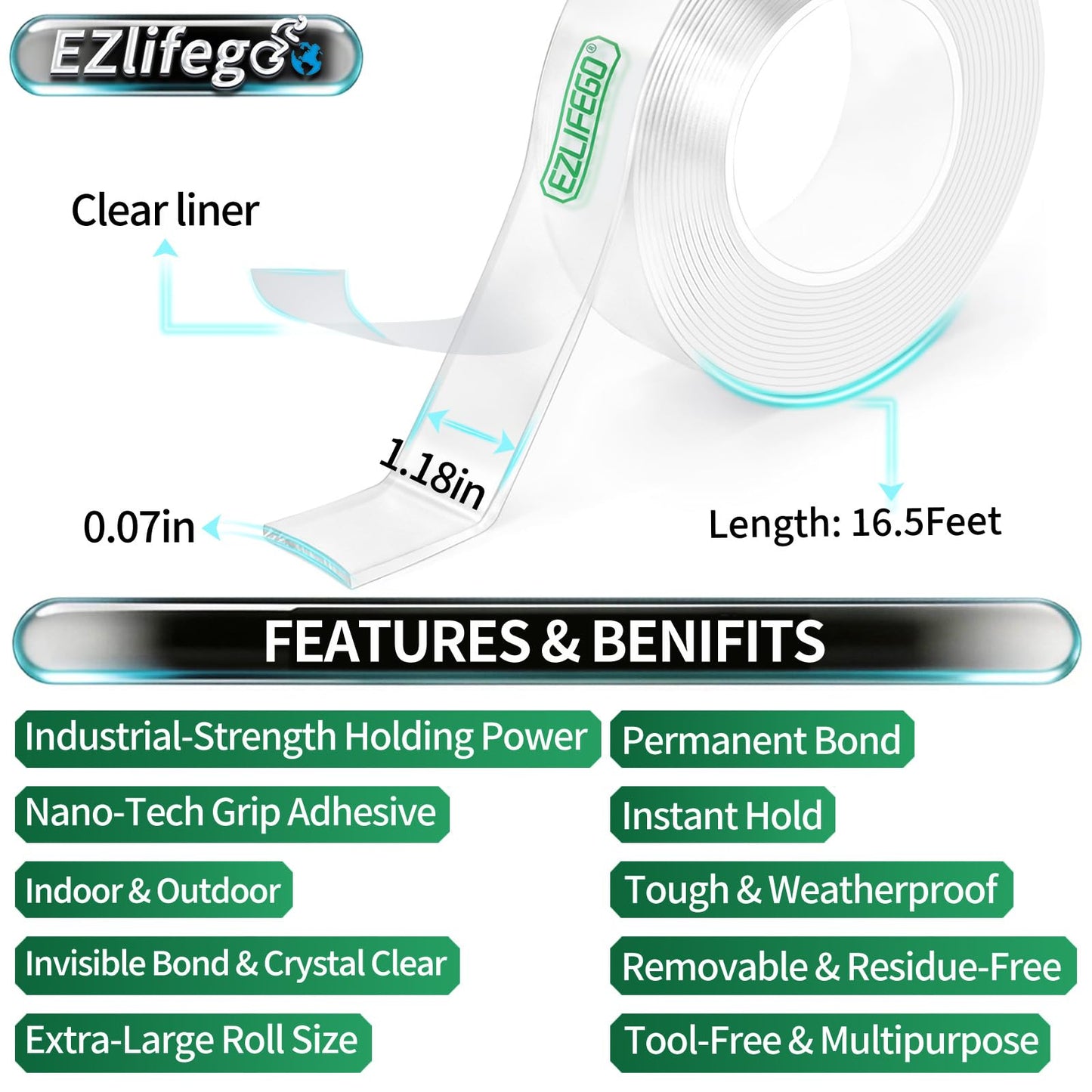 EZlifego Double Sided Tape Heavy Duty(Extra Large 16.5FT), Nano Adhesive Mounting Tape Wall Decor,Sticky Picture Hanging Adhesive Strips Poster Tape