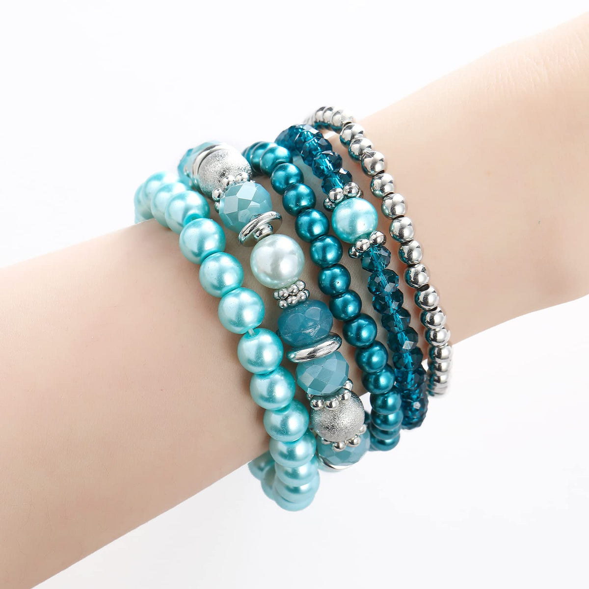 Noessla Beaded Pearl Stretch Bracelet Silver Stackable Crystal Beads Bracelets Trendy Costume Jewelry Mothers Day Gifts for Women(Turquoise)