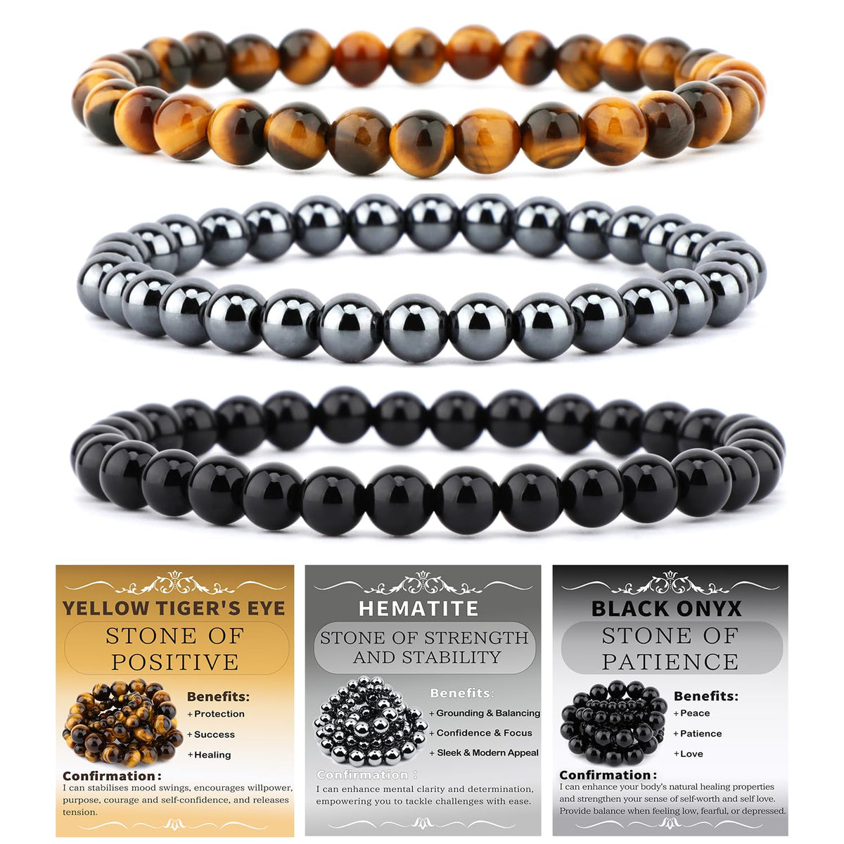 CMBYN 3-Pieces 6mm Natural Crystal Gemstone – ﻿Black Onyx, Hematite, Yellow Tiger's Eye Handmade Reiki Energy Healing Stretch Bracelets Jewelry for Yoga, Meditation, Unisex