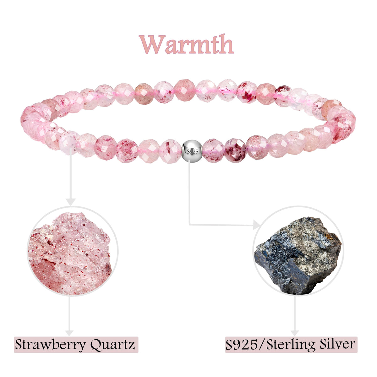 Farfume Strawberry Quartz - Warmth - Beaded Bracelets for Women,Handmade Natural Stone 4mm Beads 925 Sterling Silver Stretch Bracelets, Chakra Crystal Gemstone Jewelry Gifts for Mom
