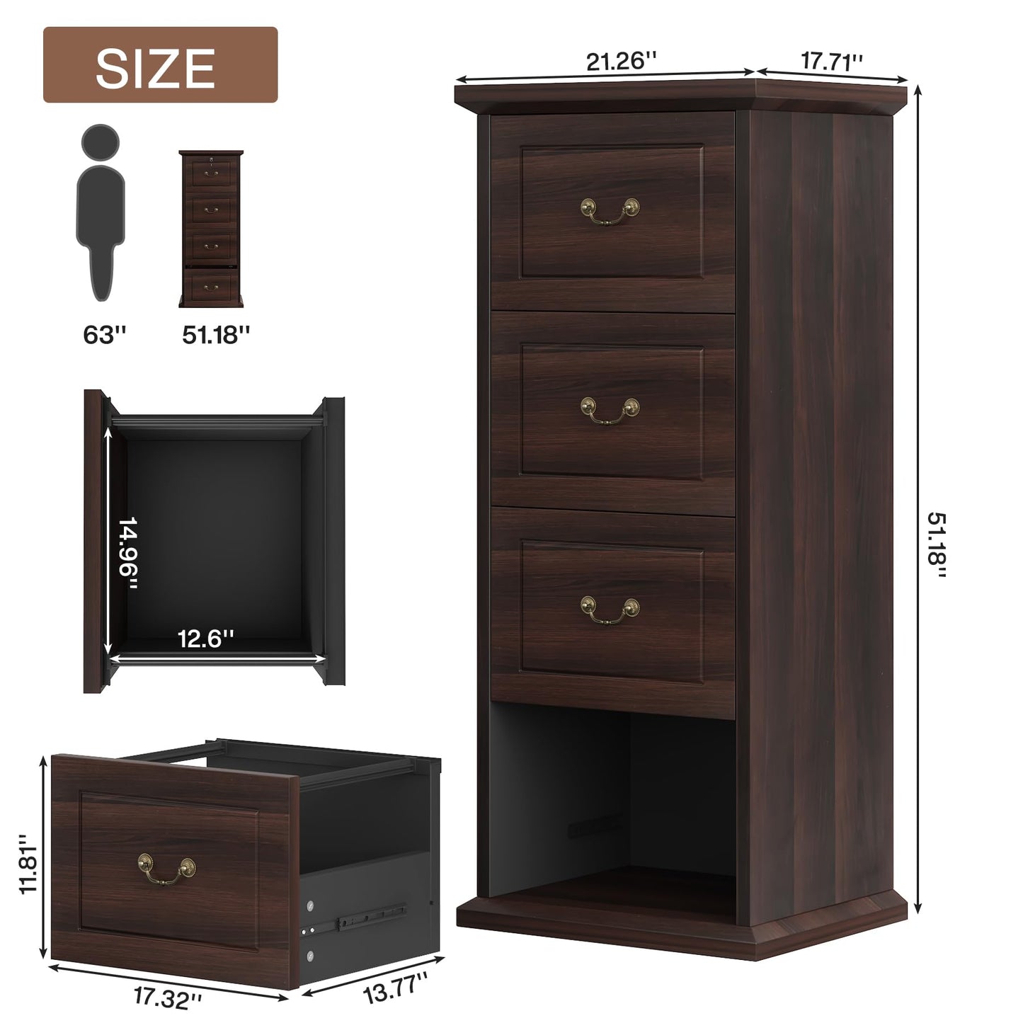 Tribesigns 4-Drawer File Cabinet, Vertical Wood Filing Cabinet for A4/Letter Size, Tall Office Drawer Chest, Rustic Storage Organizer Unit for Home Office, Dark Walnut