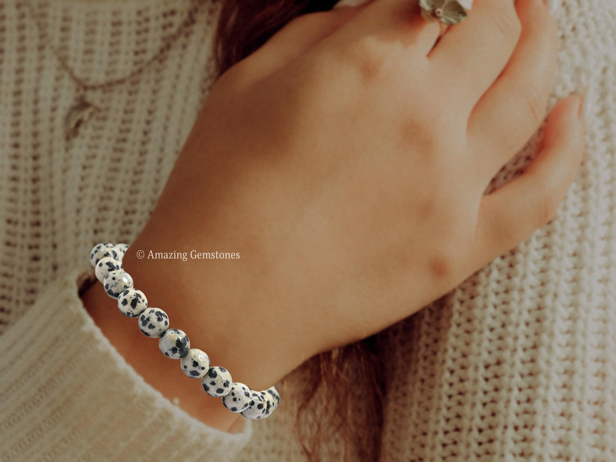 Amazing Gemstone Dalmatian Jasper Bracelet for Women - Chakra Mens Bracelet Protection Crystals and Healing Stones - Blessing Spiritual Meditation Stocking Stuffers (Faceted Beaded Bracelet)
