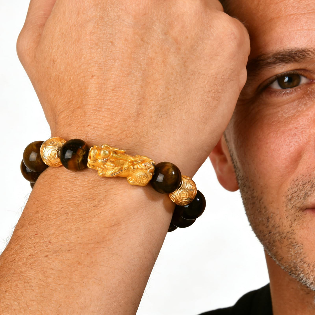 FYXOTI 12mm Tigers Eye Beaded Bracelets for Women Men,Pixiu Feng Shui Good Luck Protection Bracelet Elastic Stretch Wealth Jewelry for Wrist 6-8 Inches