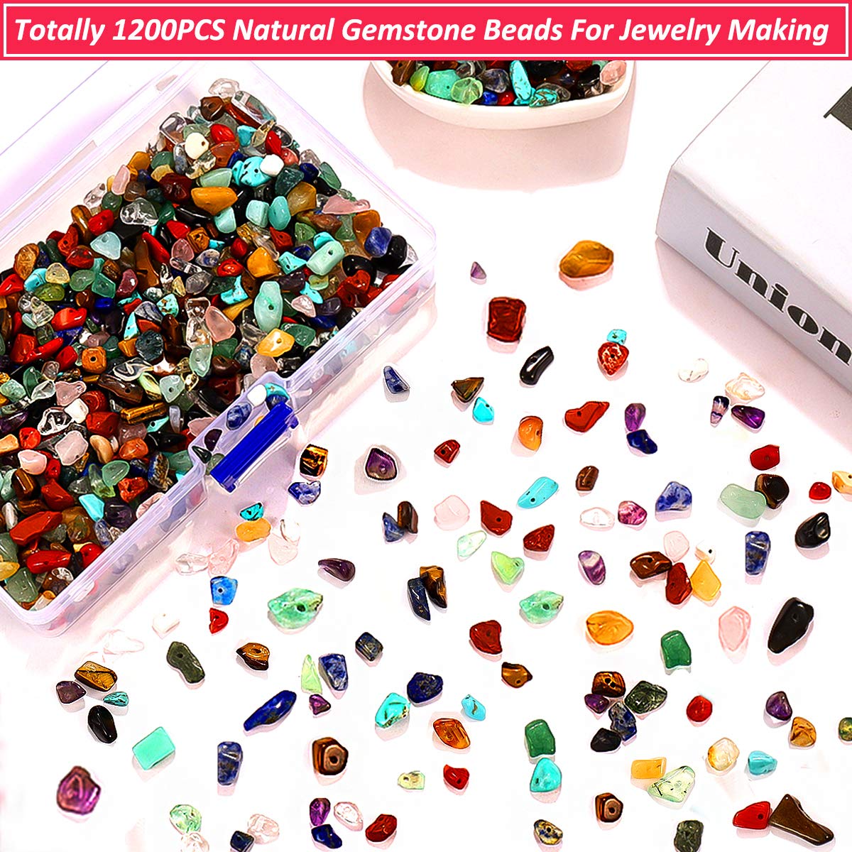 Natural Stone Chip Beads - 1200PCS Mixed Color Healing Crystal Rock Beads - 20 Colors - Hole Drilled for DIY Art Crafts (20 Colors - 1200PCS)
