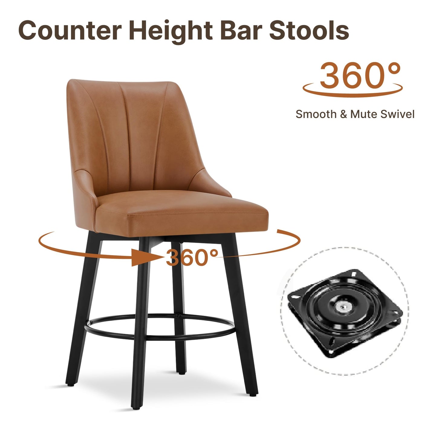 24" Counter Height Bar Stools Set of 4, Swivel Bar Stools with Backs, Faux Leather Upholstered Counter Barstools with Solid Wood Legs for Kitchen Island,Brown