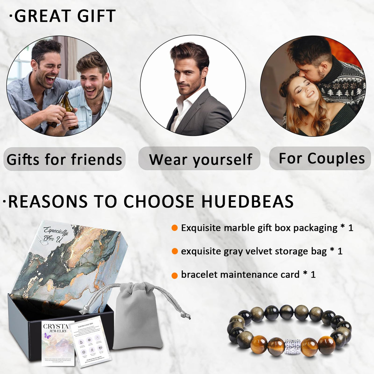 Tiger Eye Obsidian Beaded Bracelets For Men Gemstone Bracelets For Men &Women Fashion Natural Stone Men‘s Jewelry (black gold& yellow)
