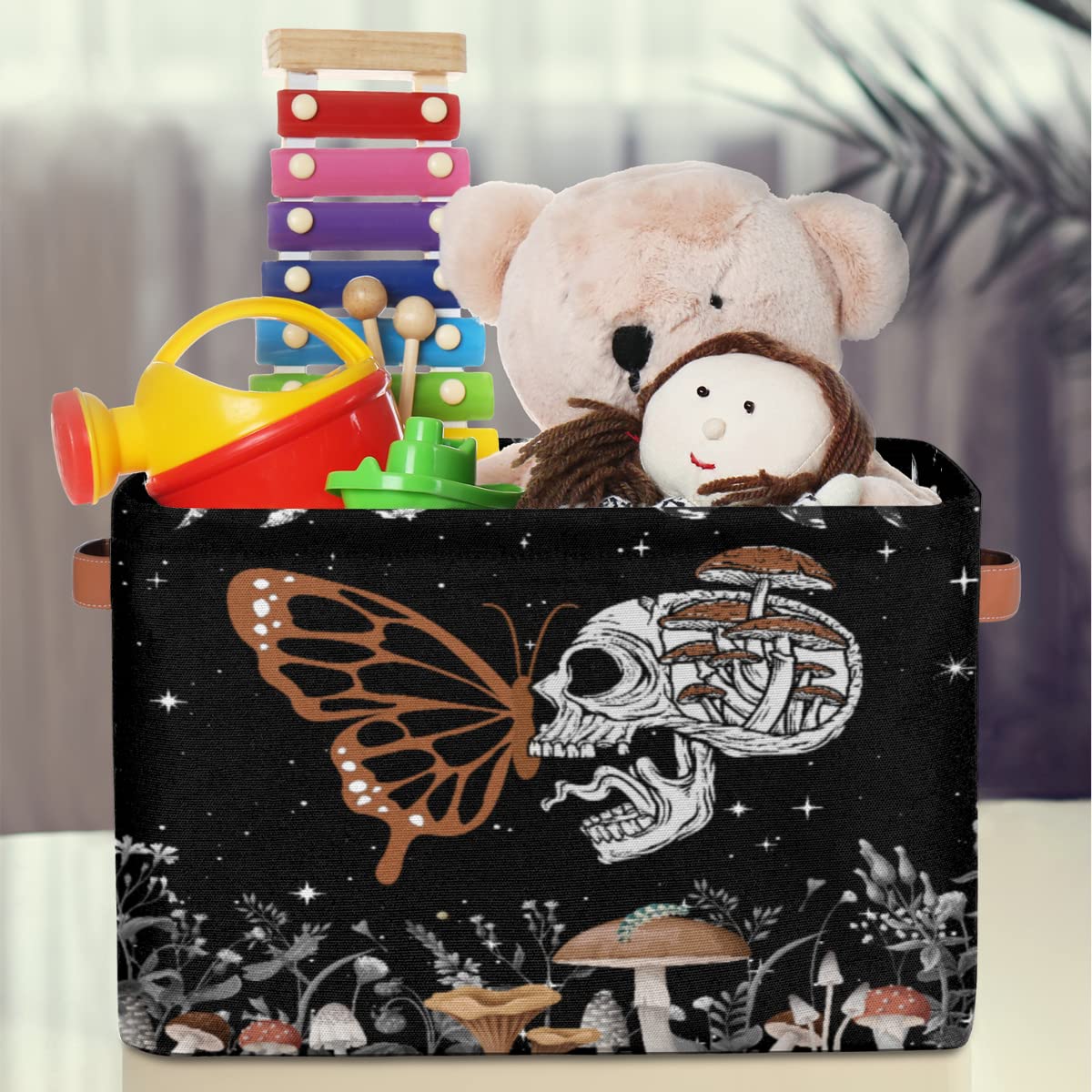OMFUNS Skull Butterfly Storage Basket, Mushroom Star Foldable Storage Bin with Handle Fabric Rectangular Storage Box Organizer for Closet Shelf Home Office Nursery Toy Basket, 1 Pack