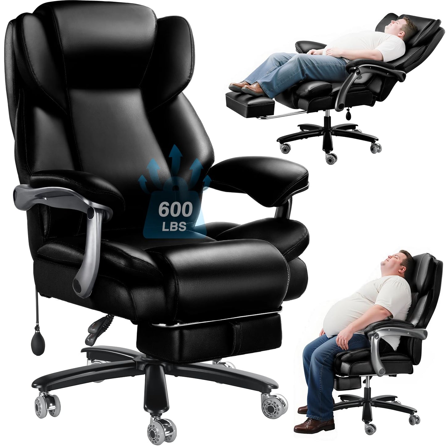 600lbs Big and Tall Office Chair for Heavy People,Heavy Duty Comfy Executive Office Desk Chair with Adjustable Lumbar Support,High Back Reclining PU Leather Computer Chair,Metal Base (Classic, Black)