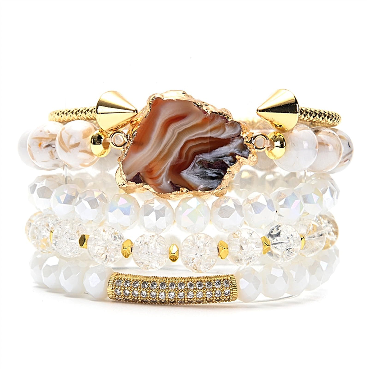 BOPOW 5PCS Beaded Bracelets/Bangle for Women, Multilayered Stackable Elastic Natural Howlite Agate Crystal Stones Bracelets Set Handmade Boho Jewelry Gift for Women