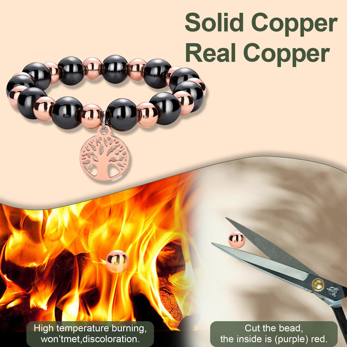 Fashtour Copper Beads Bracelet for Women and Men, Adjustable 99.99% Pure Copper Beads with 10mm Hematite Stones, Magnetic Beaded Jewelry Gift with Tree of Life Charm (10mm)