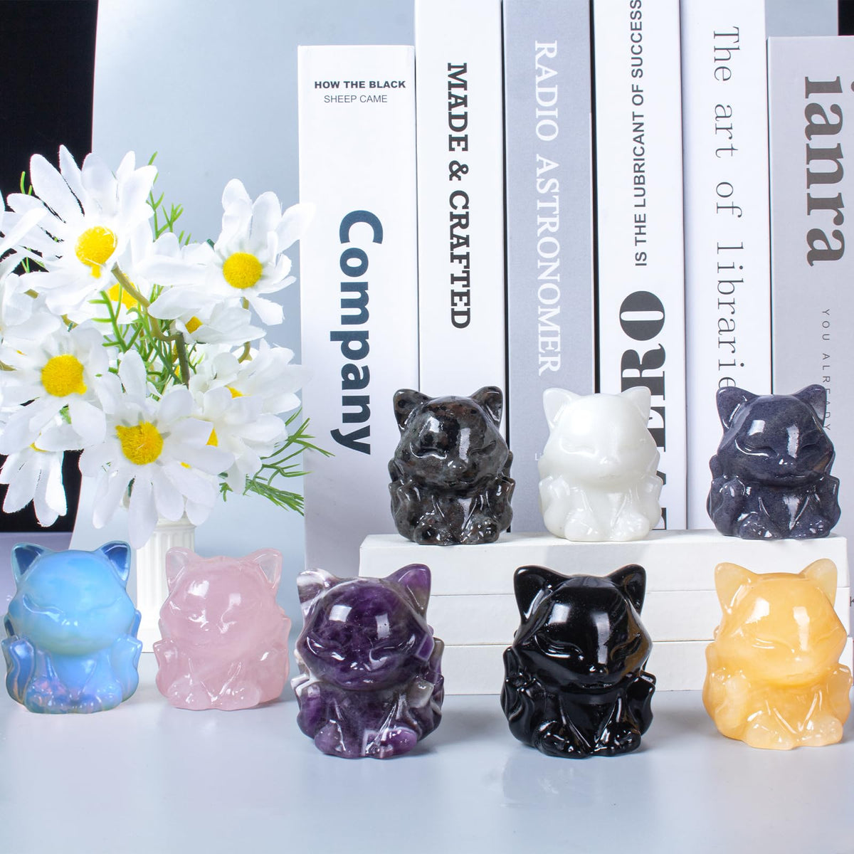 QLRSUXN Flame Stone Nine Tailed Fox Decor,2 Inch Healing Crystals Fox Statue，Lucky Guardian Pocket Fox Figurines as Women’s Gifts，Fox Figurine for Office Home Decor and Ornament.