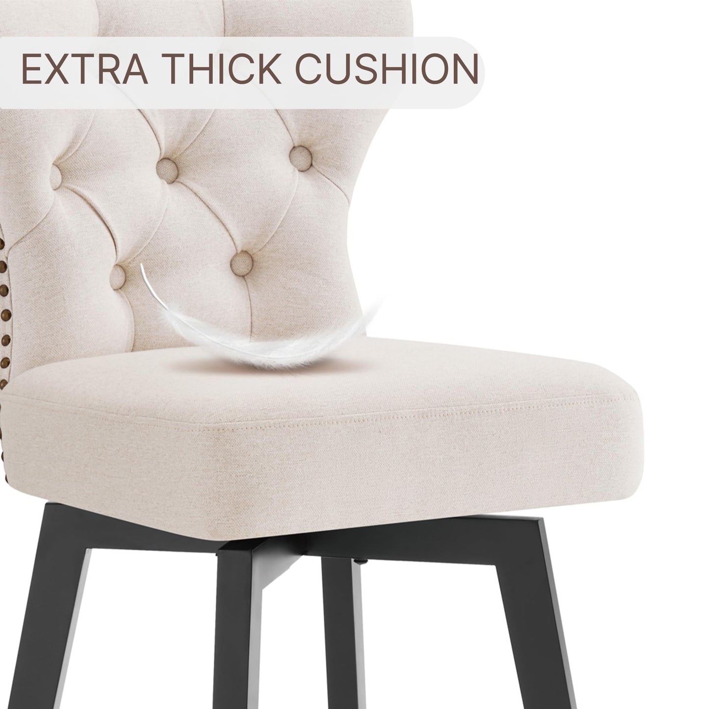 Counter Height Barstools 26 inch Upholstered Button Tufted Swivel Bar Stools with Back and Wood Legs for Kitchen Island,Set of 2,Beige Fabric-Nailhead Trim